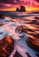 colorful seascape featuring dramatic rock formations bathed bright scenery lively ocean waves, beach, coastline, cliffside, oceanview, rocks, shoreline
