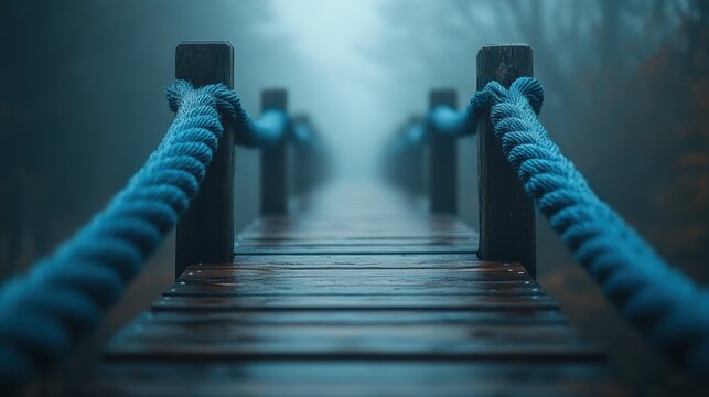Fototapeta Misty path, rope bridge, forest, travel, serenity