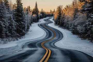 Curvy snow-covered road through a winter forest at sunrise