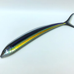 Iridescent fish lure, sleek design, vibrant blue and gold tones.