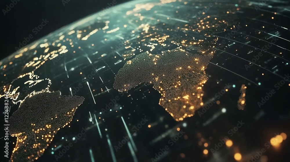 Poster digital earth globe visualization with city lights and data streams represented in a futuristic styl
