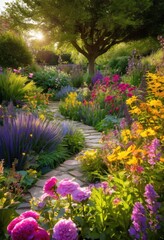 Fototapeta premium dynamic garden design highlighting vivid plant combinations lush foliage bright colors inviting outdoor area, arrangement, attractive, ambiance, agriculture