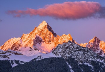 breathtaking dawn light illuminating majestic snow capped mountain peaks under clear sky, sunrise, summit, range, nature, landscape, horizon, view, scenery