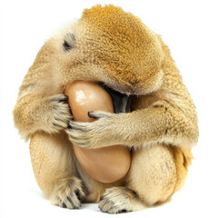 Monkey cradles large egg.