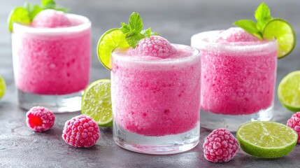 Refreshing raspberry lime slushies on gray surface.  Perfect for summer drinks menu