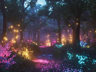 Enchanted Forest Path: A mystical path winds through an otherworldly forest, illuminated by glowing flowers and fireflies. The scene is a captivating blend of fantasy and nature.