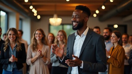 Man is standing in front of group of people clapping