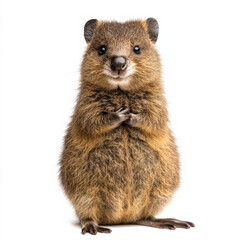Adorable fluffy rodent sitting upright, paws together.