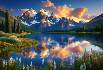 majestic mountains snow capped peaks reflecting calm tranquil lake surrounded lush greenery blue sky, adventure, adventuretravel, backdrop, bay, beauty