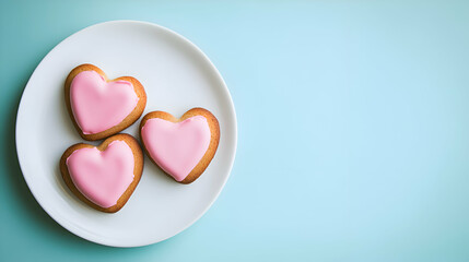 Heart-shaped cookies decorated with pink icing on a white plate, placed on a pastel background