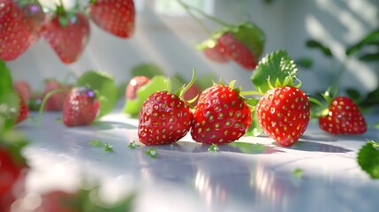 A group of bright red strawberries with fresh green tops on a white surface.