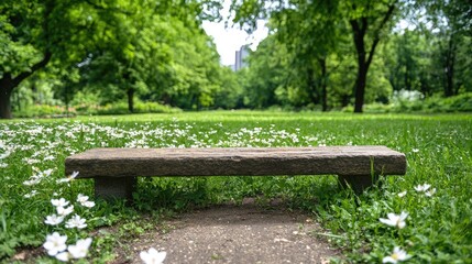 Fototapeta premium Stone bench in park, flowers, green trees, city background; peaceful scene for relaxation