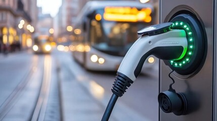 A close-up of an electric vehicle charger, with a bus in the background, highlighting the transition to sustainable public transportation.