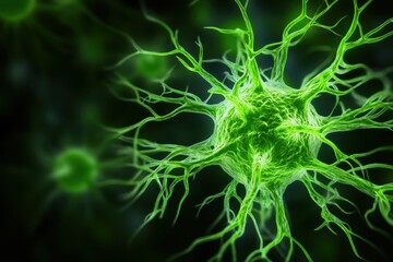 A detailed close-up of a green neuron, showcasing its intricate structure and branching dendrites against a dark background.
