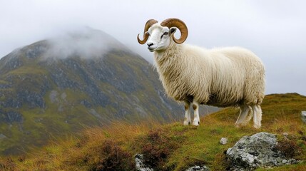 Fototapeta premium Majestic white ram standing on a hillside with mountains in background