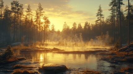 Fototapeta premium Misty Sunrise over Nordic Forest Pool