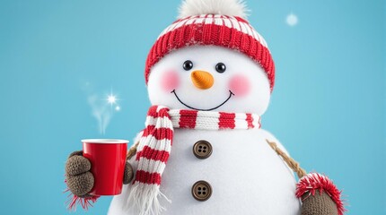 Cozy Winter Wonderland: Snowman with Red Mug and Striped Hat