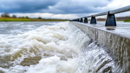 A close-up view of flowing water cascading over a barrier, with a cloudy sky in the background, highlighting the dynamic interaction between land and water.