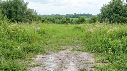 Overgrown path through rural field, summer landscape, nature background, idyllic scenery, travel photography