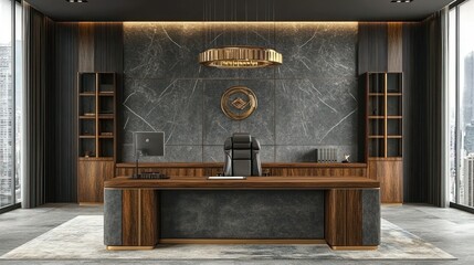 Modern CEO office, city view, luxury desk, dark marble