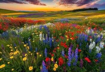 Obraz premium vast field colorful wildflowers stretching out beneath bright vibrant sky fluffy clouds rolling landscape, blossoms, nature, meadow, spring, scenery, bloom