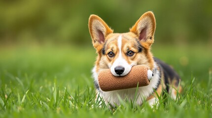Playful Corgi with Toy in Park: Adorable Moment Captured Outdoors