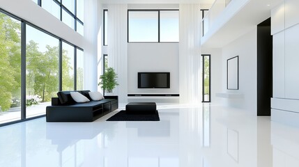 Modern Bright Living Room with Large Windows and Minimalist Decor