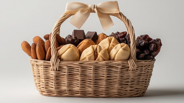 An elegant and minimalistic Mishloach Manot gift basket with neatly arranged hamantaschen, dried fruits, and chocolates, all presented in a simple woven basket with a soft bow.