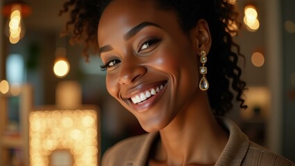 Naklejka premium Woman is smiling and looking at her cell phone