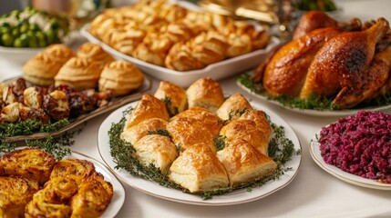 A beautifully plated traditional Purim feast dish featuring a variety of delicacies such as hamantaschen, roasted chicken, challah bread, and kugel.