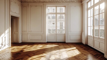 Elegant Empty Room with Natural Light and Wooden Floor Design