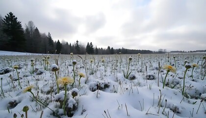 Winter Field Flowers Under Snow Covered Ground