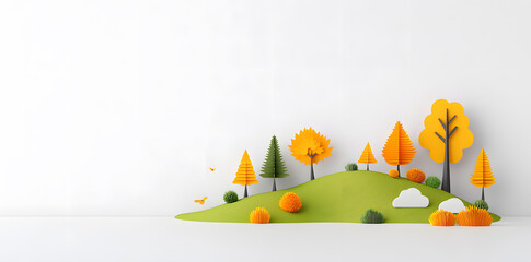 3d autumn fall landscape in paper cut craft style illustration isolated on white background. Beautiful Paper Art Yellow trees	