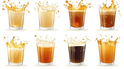Variety of Beverages in Glasses with Splash Effects and Foam