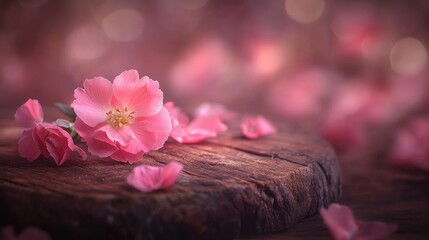 Delicate Pink Blossom Surrounded by Soft Petals on Rustic Wood