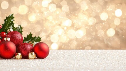 Red Christmas ornaments, holly, bells on glitter. Festive background. Holiday card