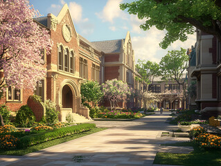 Fototapeta premium Serene Campus Pathway: A sun-drenched pathway winds through a picturesque university campus, lined with blossoming trees and classic brick buildings.