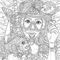Girl snorkeling among tropical fish.Coloring book antistress for children and adults. 