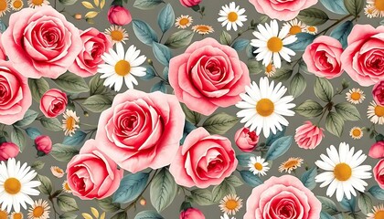 A Seamless Pattern of Roses and Daisies