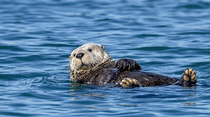 Relaxing Sea Otter Floating on Calm Blue Water