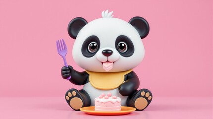 Naklejka premium Adorable Cartoon Panda with Cake and Fork on Pink Background