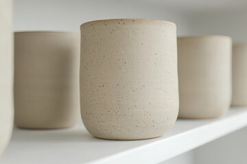 close-up of farmhouse-style pottery with subtle imperfections displayed on simple white shelf in diffused light