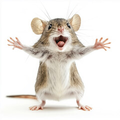 A full-body photo of an adorable, happy mouse standing on its hind legs, with its arms outstretched and an open mouth, isolated against a white background.