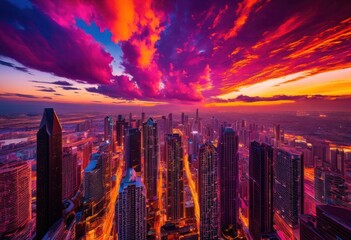 Obraz premium breathtaking dynamic city skyline showcasing vibrant colors during sunrise sunset hours beautiful light reflections, architecture, buildings, urban, horizon