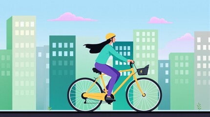 Person Riding Yellow Bicycle in Urban Setting with Tall Buildings and Clear Blue Sky