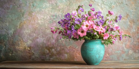 Vase with purple and pink flowers on a wooden table.