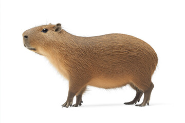 Fototapeta premium Capybara standing on two legs, looking to the side, against a white background. Photorealistic.