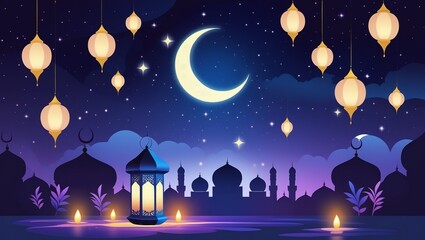 A serene night scene of Ramadan,Ramadan Mubarak template 2025,website header or banner of Ramadan Karim,Ramadan Mubarak wallpaper,blue and purple background of Ramadan mubarak 2025,Ramadan poster 2025