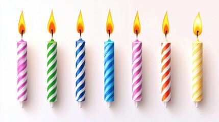 Colorful Birthday Candles With Flames Isolated on White Background