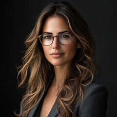 A portrait of the most beautiful woman in her late thirties, with long, wavy hair, wearing glasses...